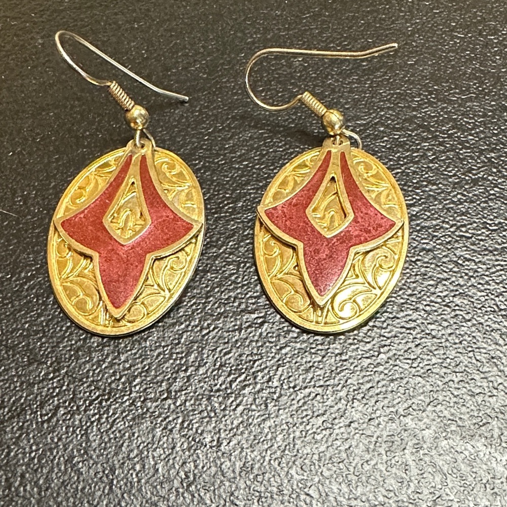 Artisan Gold and Red Oval Earrings